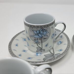 8 mini coffee / tea/ espresso blue rose & silver Deco glass cups and saucers